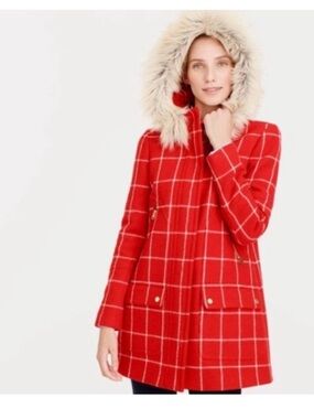 J.Crew RARE Nello Gori Stadium Cloth Tes Plaid Wool Coat with Faux Fur Trim